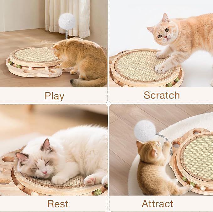 Cat Scratcher with Natural Sisal Pad, 3-in-1 Cat Scratching Board, 2-Tier Kitten Toys with Wooden Ball Track & Spring Ball -No Assembly Cats Activity Center, for Indoor and Outdoor