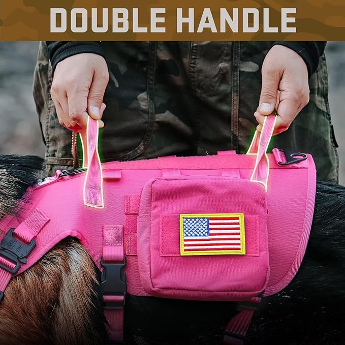 Forestpaw Pink Tactical Dog Harness for Large Dogs,Tactical Dog Collar with Bungee Leash Set,No Pull Military Dog Harness for Walking Training,Adjustable for Medium Large Dogs,Chest 15.5-25.5"