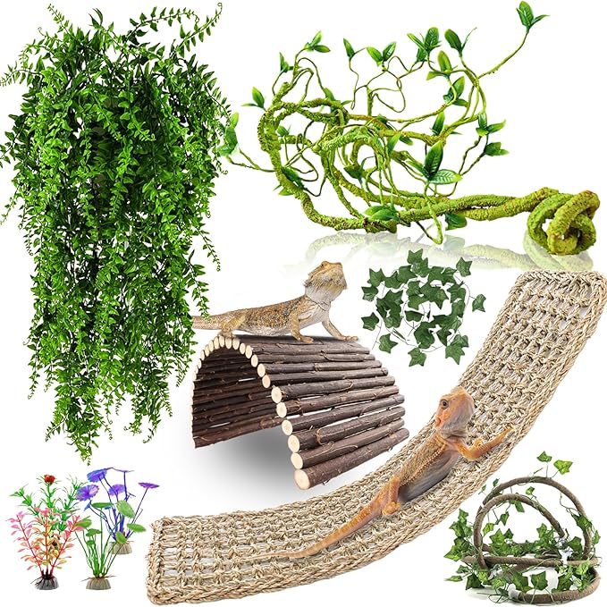 Bearded Dragon Tank Accessories, 10 PCS Reptile Hammock Plants Bridge Jungle Climber Vines for Snakes Bearded Dragon Chameleon Gecko Lizard