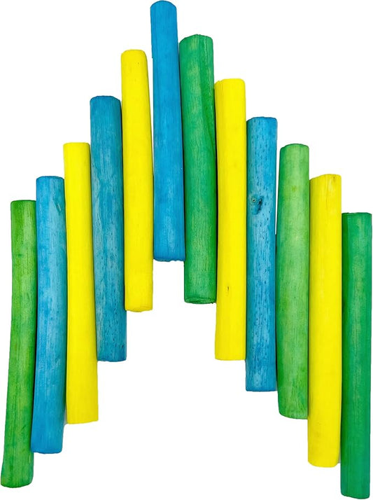 by M&M 5517 Skinny Rainbow Sola Logs Pk12 - Handcut Lightweight Sola Wood Foot Toys, Skinny Cut Wood Logs, Bright Assorted Colors, Great Foraging Fun for Small to Med Size Pets