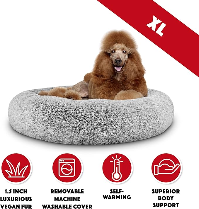 The Dog’s Bed Sound Sleep Donut Dog Bed, XL Silver Grey Fur Calming Nest Bed Removable Cover