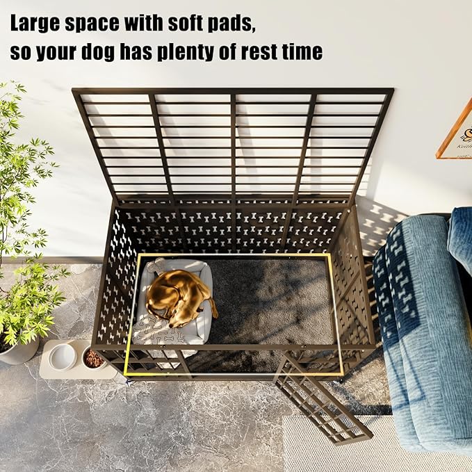 LEMBERI 48/42 inch Indestructible Heavy Duty Dog Crate with Cushion, High Anxiety Extra Large Dog Cage for Large Dogs, XL Steel Escape Proof Dog Kennel with Locking Wheels