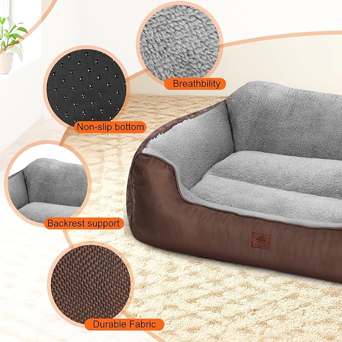 Large Dog Bed, Washable Dogs Beds for Large Dogs, Rectangle Pet Beds Soft Calming Dog Beds with Non-Slip Bottom, 31”x26”x7”, Brown