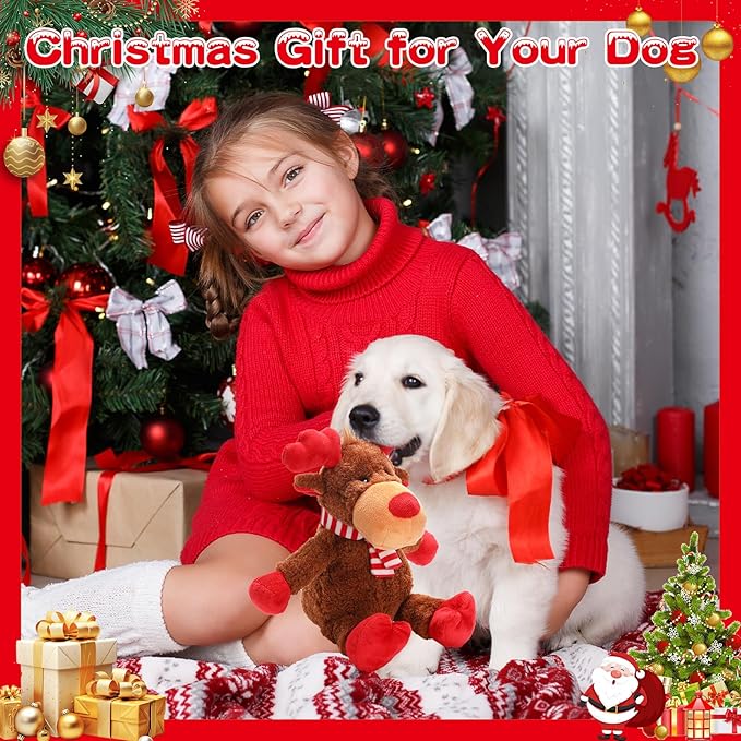 Christmas Squeaky Toys With Crinkle Paper, Plush Reindeer Interactive Stuffed Chew Toys, Gifts for Puppy, Small, Medium, Large Dogs