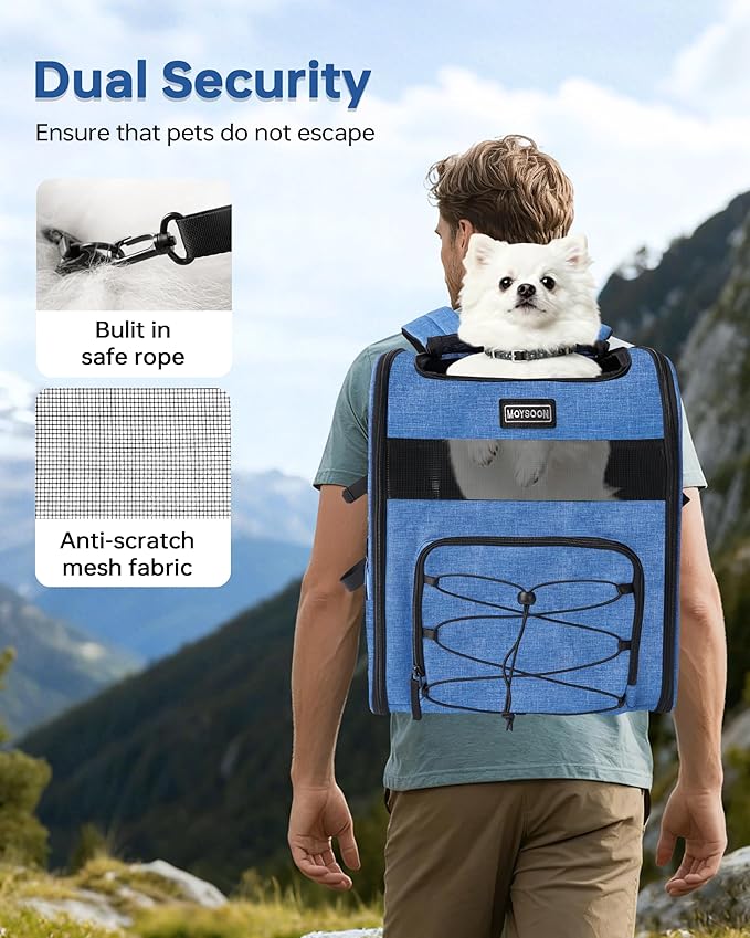 Hiking Dog Carrier Backpack, Adjustable Waist Cushioning Belt with Breathable Padded Back Support, Dog Carrier for Hiking with 5 Pockets, Dog Carrier Backpack for Small Dogs Max 13LB Blue