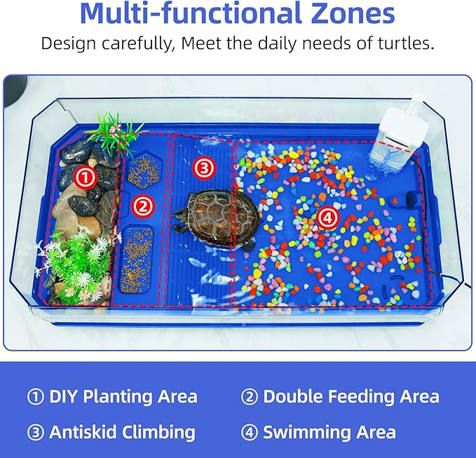 Turtle cage Tortoise Terrarium with Pump＆Filter with Shower Function Easy to Change Water and Clean Water for Turtle Horned Frog Hermit Crab (Blue, Medium)