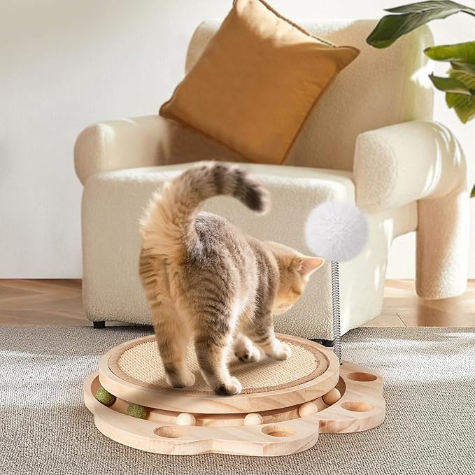 Cat Scratcher with Natural Sisal Pad, 3-in-1 Cat Scratching Board, 2-Tier Kitten Toys with Wooden Ball Track & Spring Ball -No Assembly Cats Activity Center, for Indoor and Outdoor