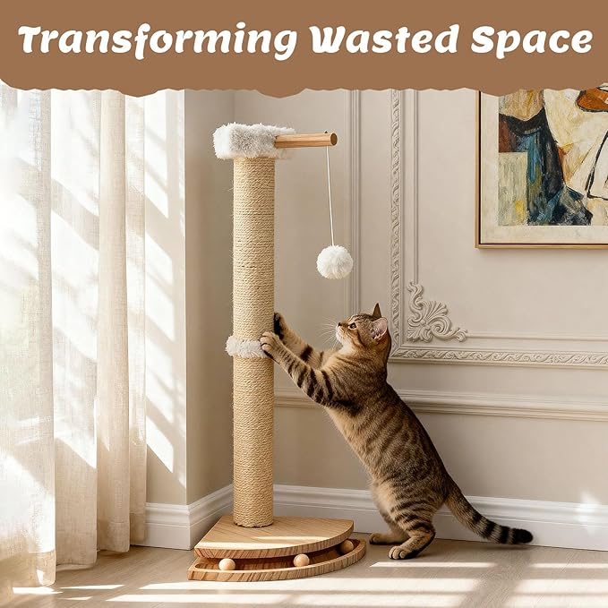 Cat Corner Scratcher with Interactive Ball Toys for Indoor Cats, Sisal Cat Scratching Post with Danging Ball for Wall Corners Furniture Protector 28''