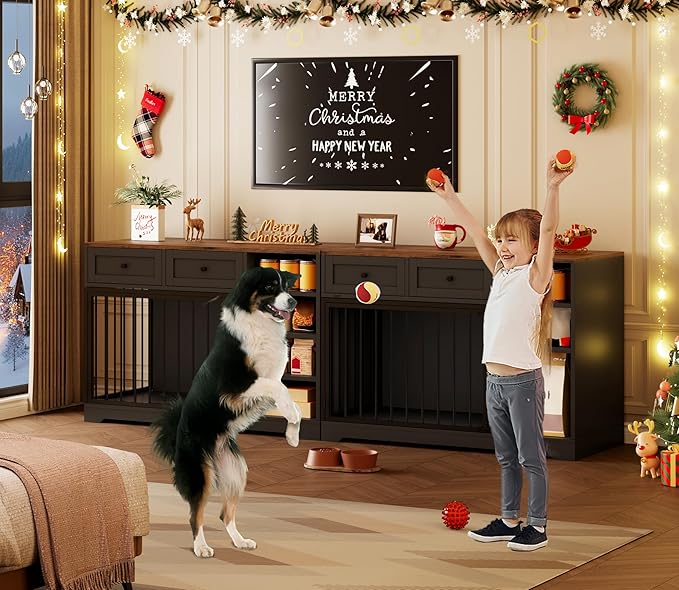 Dog Crate Furniture 47?? Large Dog Crate TV Stand with 2 Drawers and 4 Shelves, Wooden Dog Kennel Indoor, Decorative Dog Cage with Storage for Large Dogs, Black