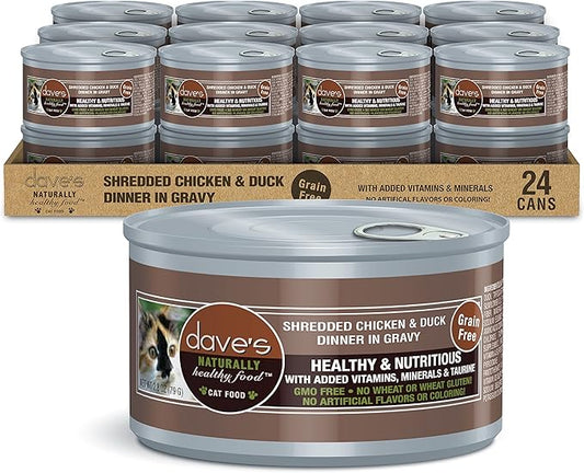 Dave's Pet Food Grain Free Wet Cat Food (Shredded Chicken & Duck in Gravy), Naturally Healthy Canned, Added Vitamins & Minerals, Wheat, Gluten, & GMO-Free, 2.8 oz (24 Pack)