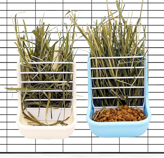 2PCS Rabbit Hay Feeders Rack 2 in 1 Guinea Pig Food Feeder Indoor Feeder for Rabbit Bunny Chinchilla Hamster (Blue+White)