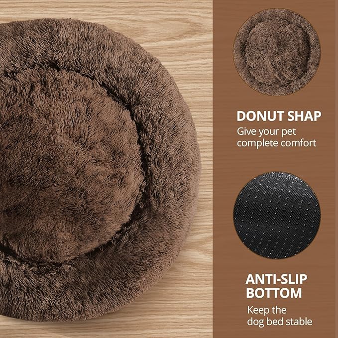 JOLLYVOGUE Calming Dog & Cat Bed for Small Dogs, Anti-Anxiety Donut Cuddler Cozy Soft Round Bed with Anti-Slip Bottom, Fluffy Faux Fur Plush Cushion Beds for Small Medium Dogs (27")