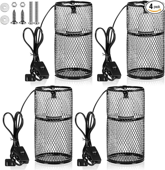 VIHOSE 4 Pcs Reptile Heat Lamp Guard with 150W Ceramic Heat Emitter Basking Anti Scald Heating Lamp Holder Mesh Cage Reptile Protection Lampshades for Lizard Snake Chick, Bulb Not Included