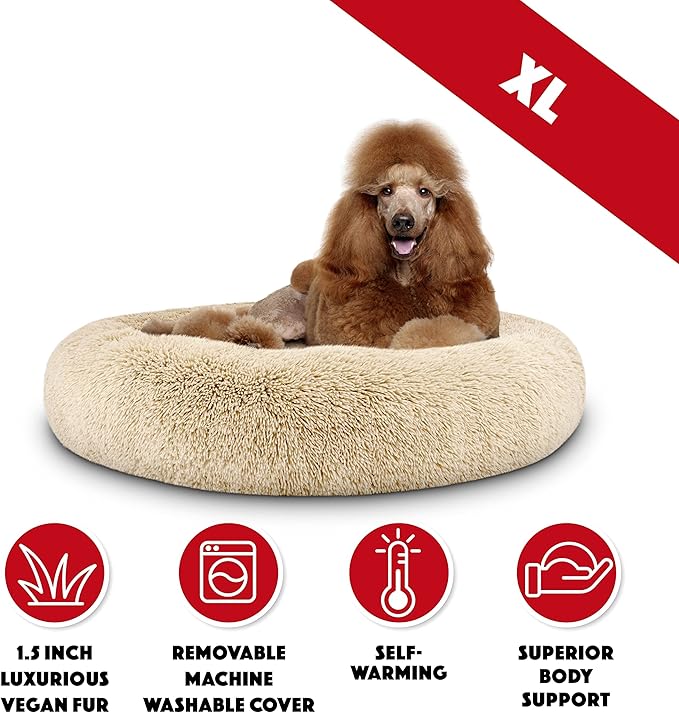 The Dog’s Bed Sound Sleep Donut Dog Bed, XL Beige Fur Calming Nest Bed Removable Cover