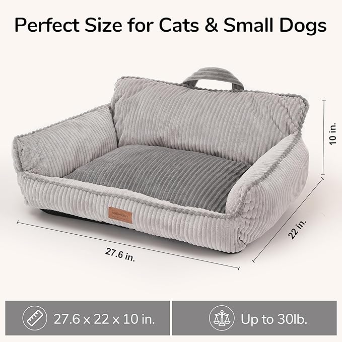 FUKUMARU Dog Couch Bed, Fluffy Corduroy Cat Beds for Indoor Cats with Washable Cover, Waterproof Small Dog Sofa Beds with Portable Handle and Anti-Slip Bottom, Pet Beds & Furniture 28inch, Grey