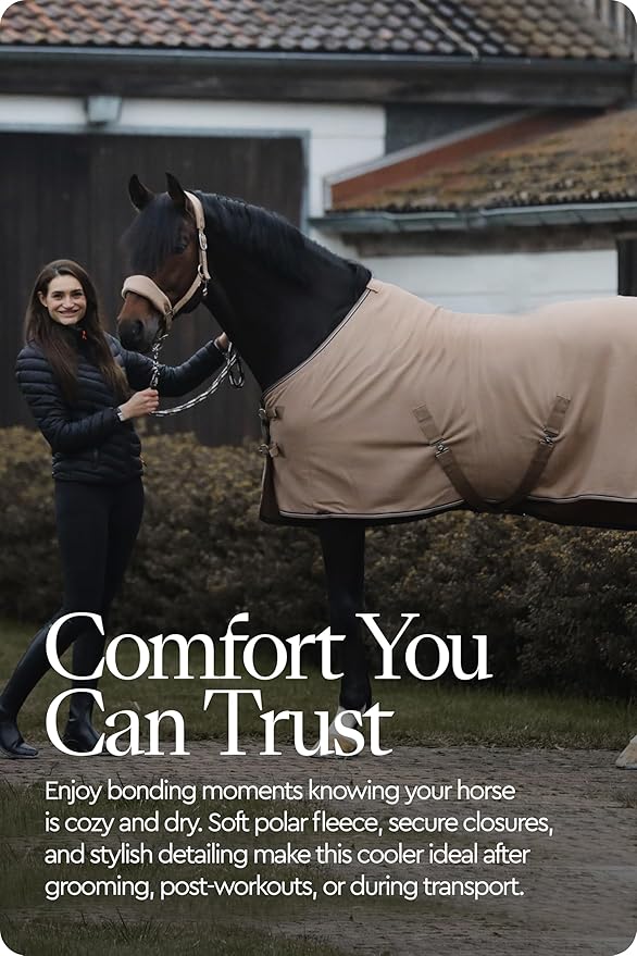 HORZE Kiel Fleece Horse Cooler Blanket | Quick-Dry Fleece Horse Cooler Sheet with X-Surcingles & Tail Cord - Tan - 75 in