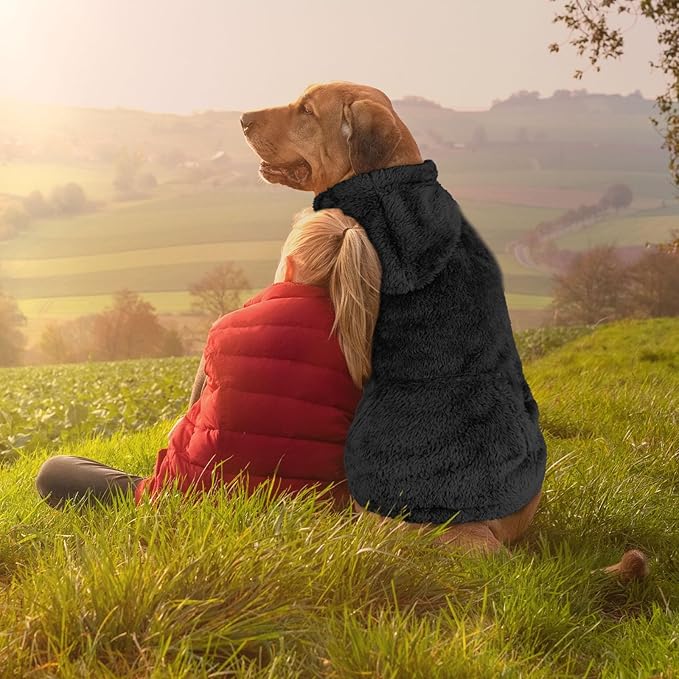 Dog Sweaters for Large Dogs,Dog Hoodie,Warm Fuzzy Fleece Sweatshirt with Hood & Pocket,Leash Hole,Cozy Cold Weather Pet Clothes Sweater Hoodie for Large Dogs(Black,2XL)