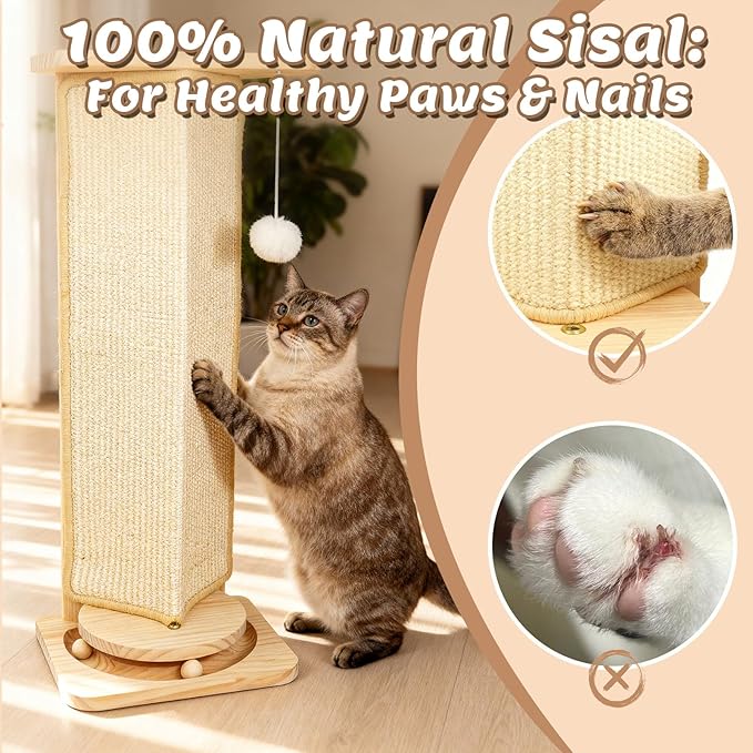 Cat Corner Scratcher with Interactive Ball Toys for Indoor Cats, Sisal Cat Scratching Post with Danging Ball for Wall Corners Furniture Protector 28''