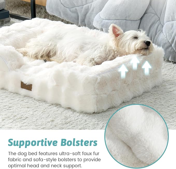 Faux Fur Orthopedic Dog Bed, Pet Couch for Large Dog, Big Supportive Foam Bolster Sofa with Waterproof Lining Cover, Anti-Slip, Soft, Warm, Washable, C-Shaped, 36x27x6.5 inch, Beige