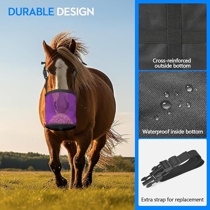 Horse Feed Bag Pack of 2, Feed Bags for Horses with Ventilation Mesh, Comfort Nose Pad Neck Pad, Adjustable Strap, Spill Proof Design for Independent Feeding Grain, Supplements (Purple)