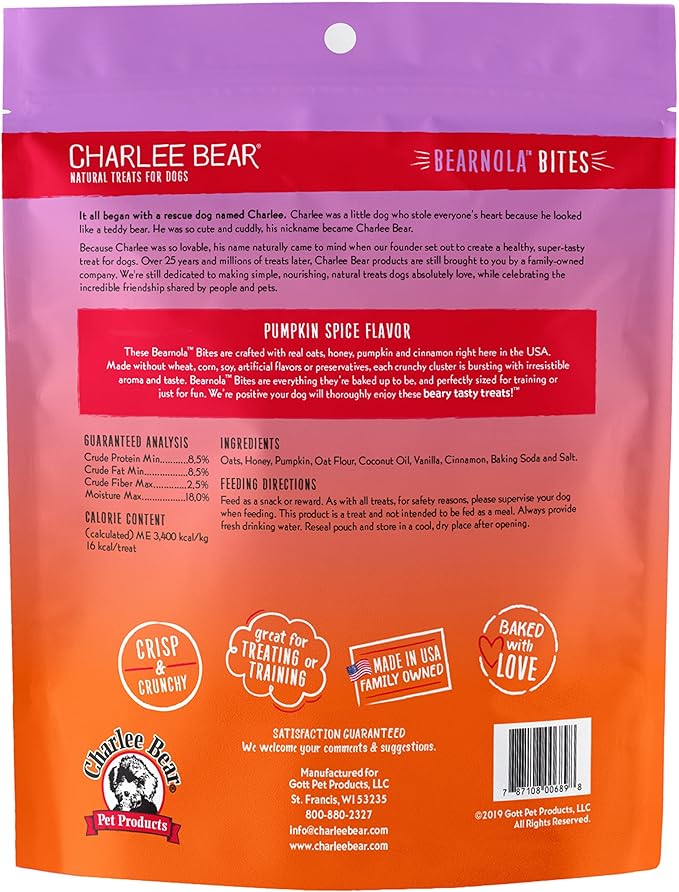Charlee Bear Bearnola Bites Dog Treats, Pumpkin Spice Flavor, 8oz