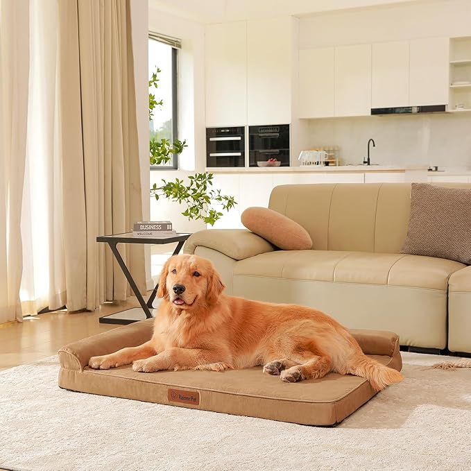 Orthopedic Dog Beds Large Sized Dog, Memory Foam Pet Bed for Large Dogs, Removable and Washable Microsuede Cover, TPU Waterproof Liner, Nonskid Bottom, 44x32x6 Inches, Khaki