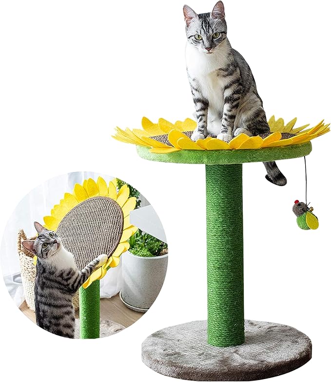 Catry 23" 2-in-1 Replaceable Cat Scratching Post with Convertible Sunflower Scratching Pad or Perch, Quick Assembly, Garden Style, Ideal for Small to Medium Cats