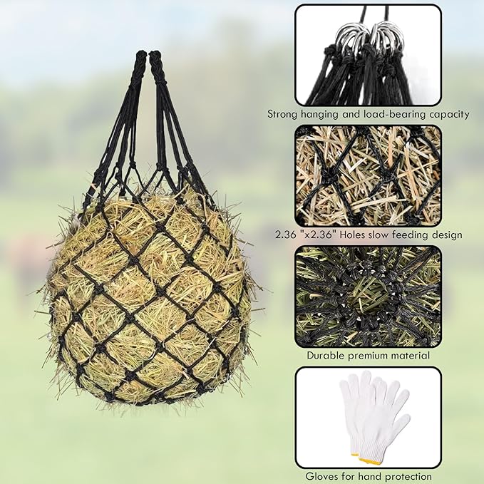 2PCS Hay Net for Horses - Ultra Slow Feed Hay Net with 2 Pairs Gloves, 2.36"x2.36" Holes 40” Heavy-Duty Horse Slow Feed Hay Nets for Stall, Trailer, Pasture - Strong & Durable Hanging Feeders