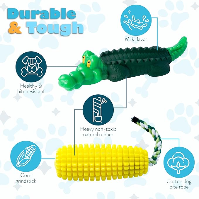 Dog Chew Toys for Aggressive Chewers 2 Pack, Cartoon Alligator and Corn-Shaped Squeak Interactive Dog Toys, Heavy Duty Rubber Chew Toy, Durable Dog Toys for Medium and Large Dog Breeds.