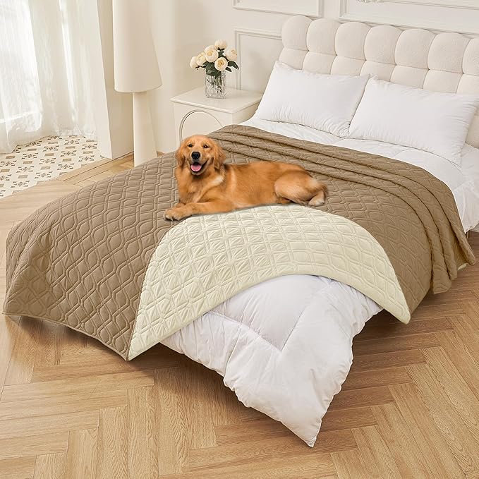 Smiry Waterproof Dog Blanket, 82x120 Inch Soft Pet Bed Cover Reversible, Washable Sofa Couch Furniture Protector for Small Medium Large Dog Puppy Cat, Geometric, Camel/Beige
