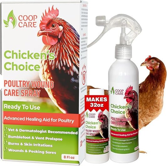 Chicken's Choice Wound Care for Chickens & Birds. Advanced Wound Care Spray for Poultry. Works for Bumblefoot, Vent Prolapse, Pecking Sore, Burns & Skin Irritations. Makes 32 oz Spray.