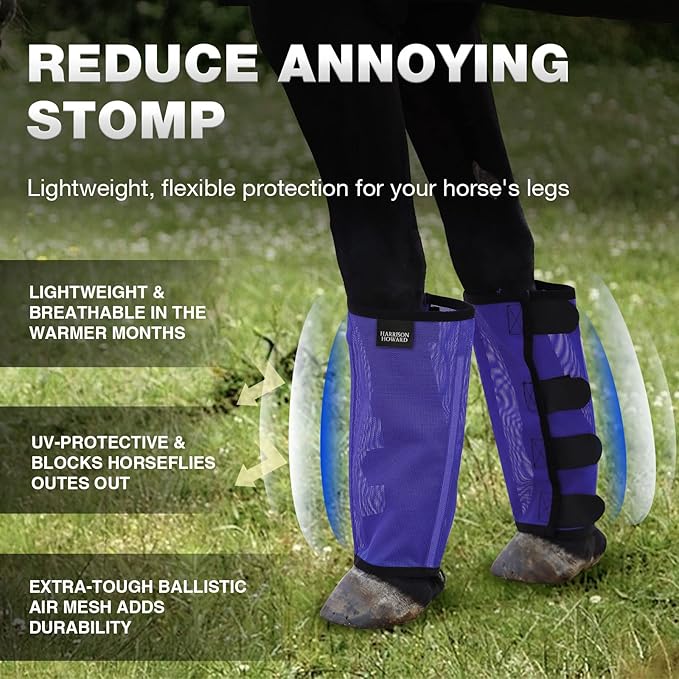 Harrison Howard Loose Fitting Fly Boots UV-Protective Extra Tough Mesh Ventilated Four Fasteners Stay-on Design Protect Horse Legs & Stomp-Reducing Set of 4 Deep Navy Small