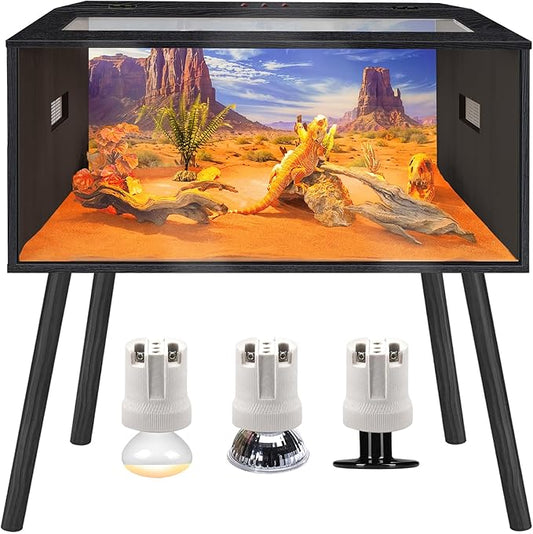 Prolee 63 Gallon Reptile Tank, Tempered Glass Bearded Dragon Tank with Wooden Roof and Lockable Doors, Large Lizard Habitat for Snakes, Iguanas, Chameleons (Black)