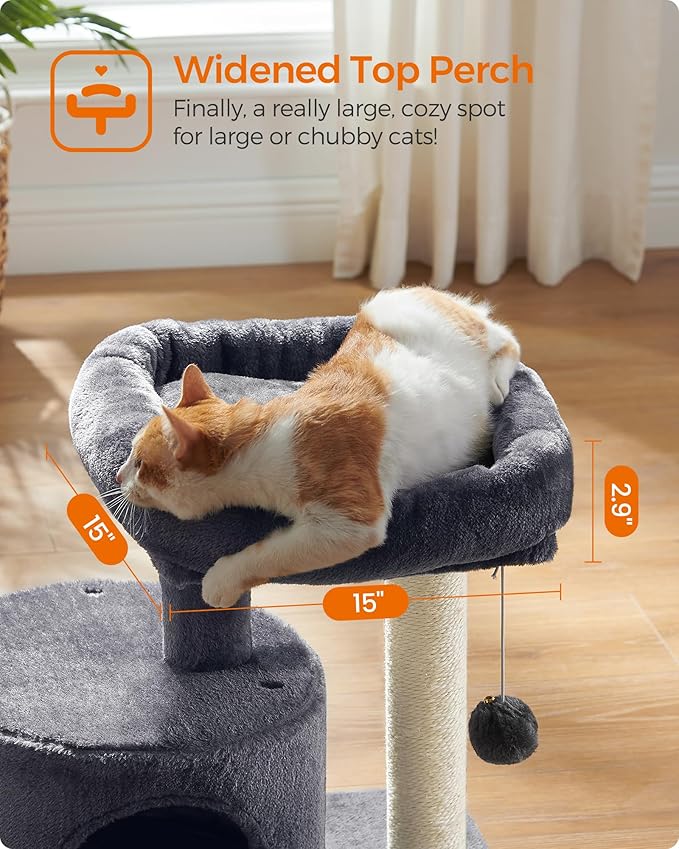 Feandrea Cat Tree Tower with Sisal Scratching Post, Cat Condo with Padded Perch, for Small Spaces, Kittens, Smoky Gray UPCT50G