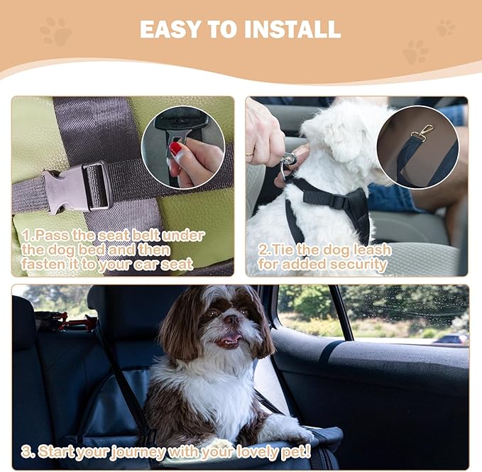 Dog Car Seat for Large Dogs, Large Leather Dog Car Bed with Storage Pocket, Waterproof PVC Leather Booster Seat Travel Bed for Front & Back Seat, Clip-On Safety Leash (Green/Brown)