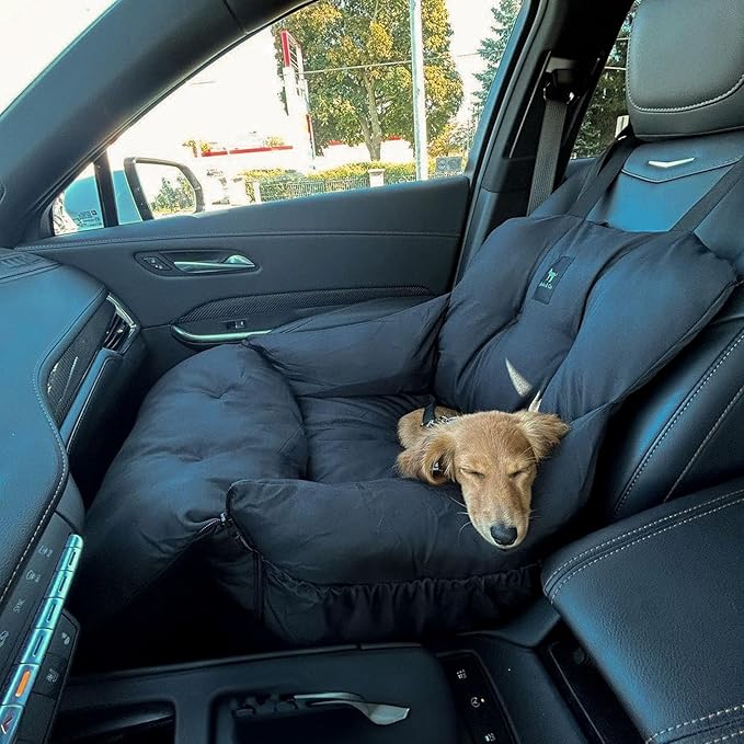 JACKO & CO Premium Dog Car Seat – Safe & Cozy Travel Bed and Carrier for Small Dogs, Puppies, Pets up to 25 lbs, Clip-On Leash & Storage Pockets, Water-Resistant, Machine Washable (Black, Small)
