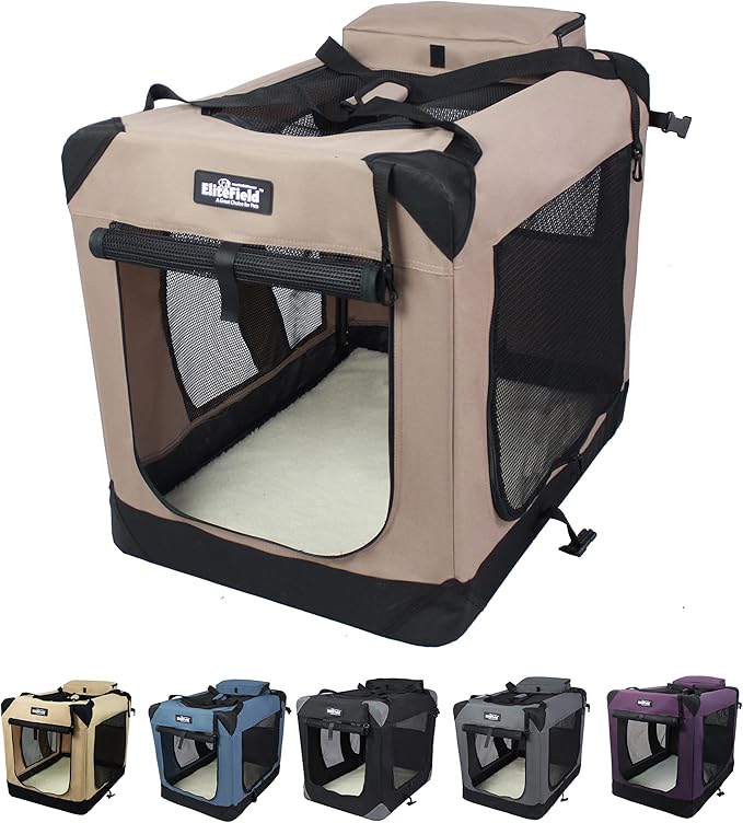 EliteField 3-Door Folding Soft Dog Crate with Carrying Bag and Fleece Bed (2 Year Warranty), Indoor & Outdoor Pet Home (20" L x 14" W x 14" H, Khaki)