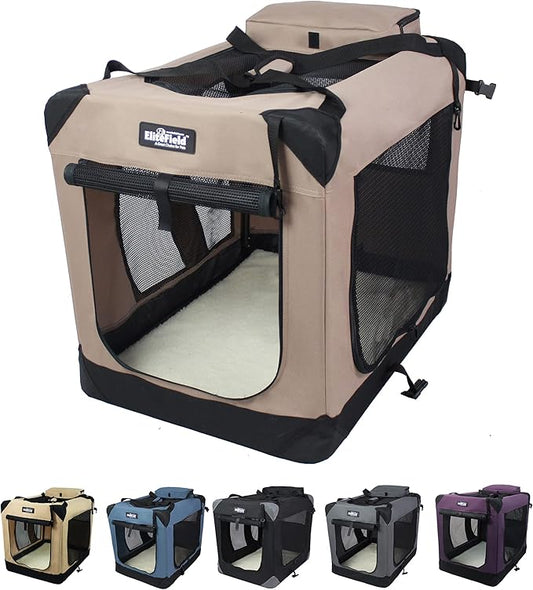 EliteField 3-Door Folding Soft Dog Crate with Carrying Bag and Fleece Bed (2 Year Warranty), Indoor & Outdoor Pet Home (20" L x 14" W x 14" H, Khaki)