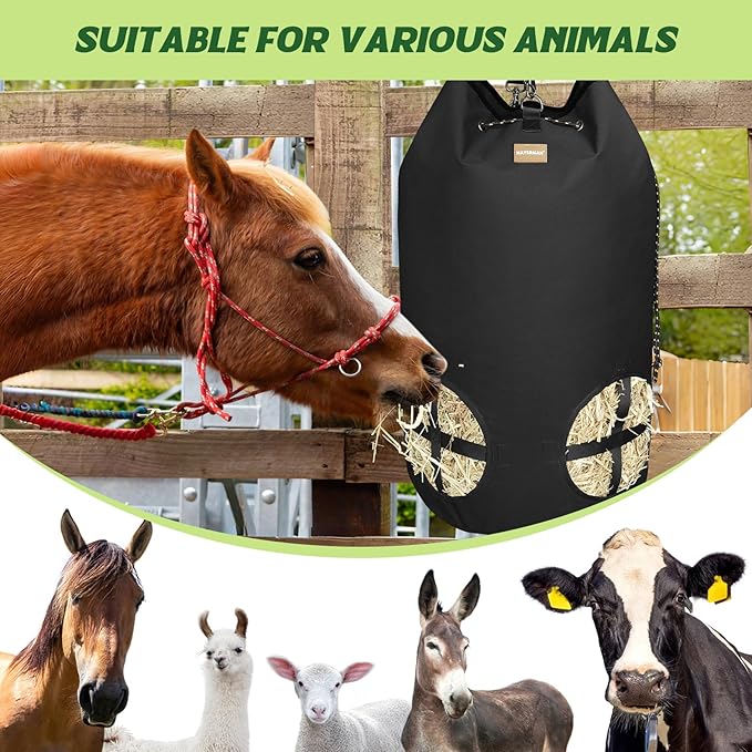 Hay Bags for Horses, Large Capacity Slow Feeder with Adjustable Top Opening, 4 Holes for Sheep, Goats, Donkeys