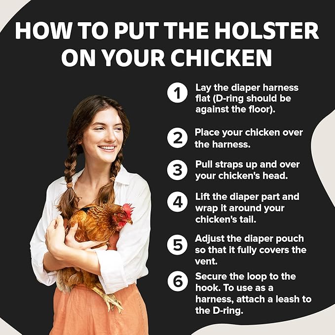 Hen Holster Wrap-Around Bird Diaper & Harness for Hens, Roosters, Ducks, Geese - with Removable Vinyl Liner, Adjustable Fit for Outdoor Adventures & Indoor Use - Easy to wear - XL, Black