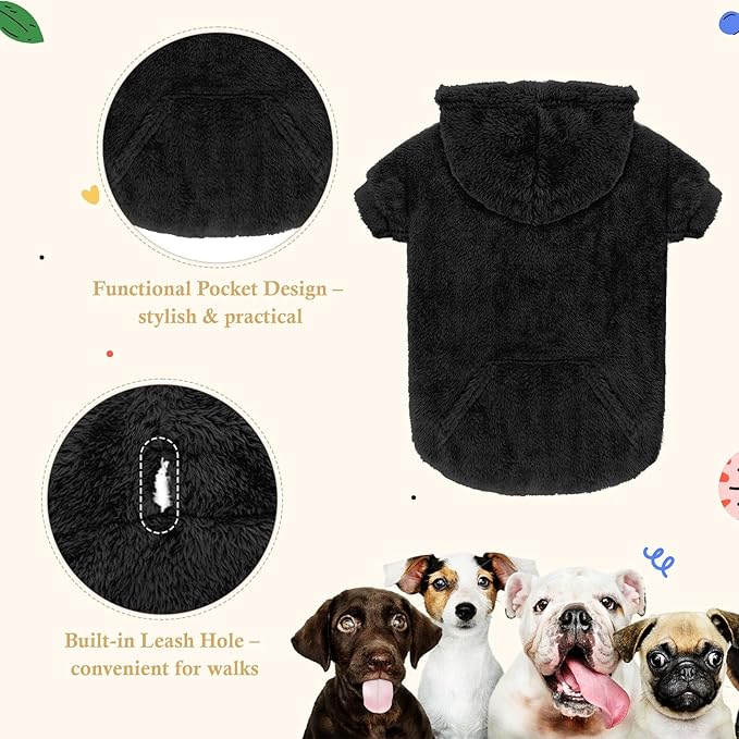 Dog Sweaters for Large Dogs,Dog Hoodie,Warm Fuzzy Fleece Sweatshirt with Hood & Pocket,Leash Hole,Cozy Cold Weather Pet Clothes Sweater Hoodie for Large Dogs(Black,2XL)