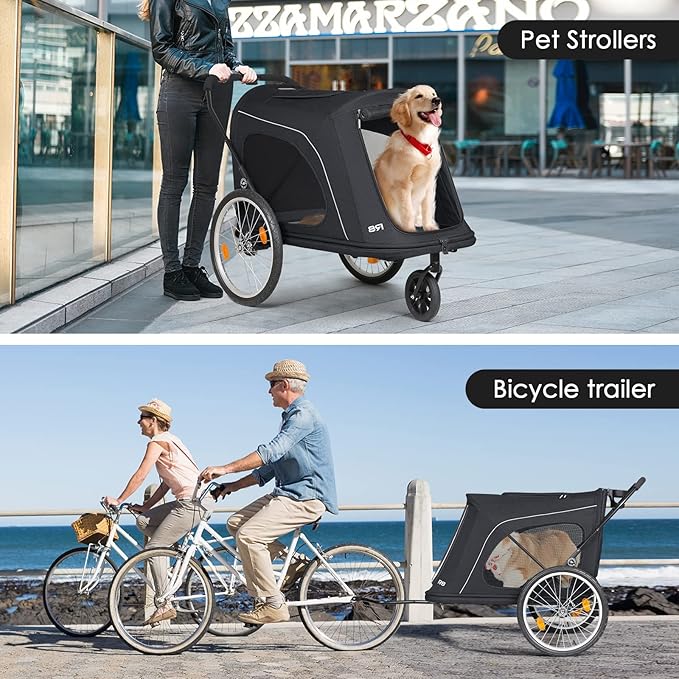 R8 Extra Large Foldable Pet Stroller, Dog Stroller & Pet Trailer for Large Dogs Under 100 lbs, Unmovable, Disabled & Pregnant Dogs - Conveniently Carriable by Bike and Car, Black
