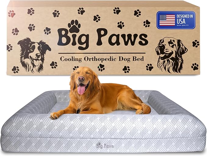 Big Paws Cooling Orthopedic Dog Bed for Large & Senior Dogs – High-Density Memory Foam, Waterproof Liners, Washable Cover, Non-Slip Base, Raised Bolsters – XL Mattress for Joint Relief