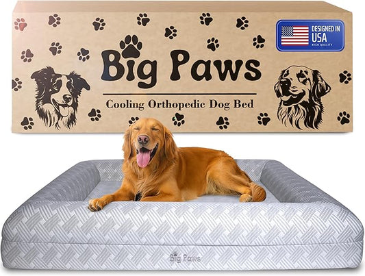 Big Paws Cooling Orthopedic Dog Bed for Large & Senior Dogs – High-Density Memory Foam, Waterproof Liners, Washable Cover, Non-Slip Base, Raised Bolsters – XL Mattress for Joint Relief