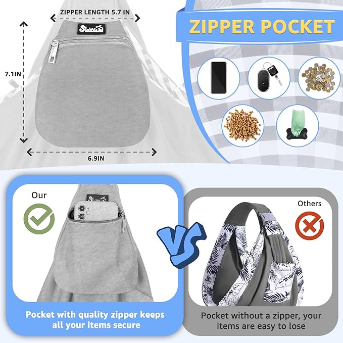 SlowTon Dog Carrier Sling - Thick Padded Shoulder Strap Adjustable Dog Carriers for Small Dogs, Puppy Carrier Purse for Pet Cat with Front Zipper Pocket Safety Belt Machine Washable (Light Gray, M)