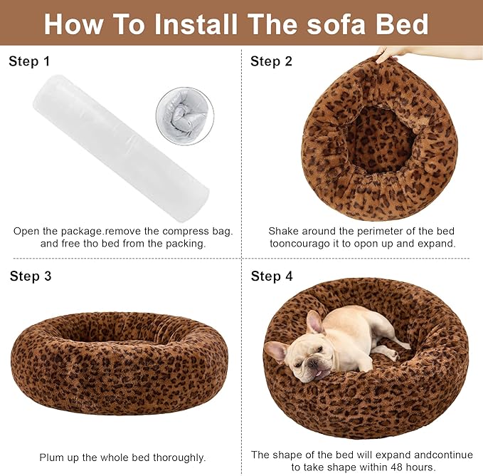 Dog Calming Beds for Small Medium Large Dogs - Round Donut Washable Puppy Dog Bed, Anti-Slip Faux Fur Fluffy Donut Cuddle Anxiety Cat Pet Bed (20" Leopard Print)