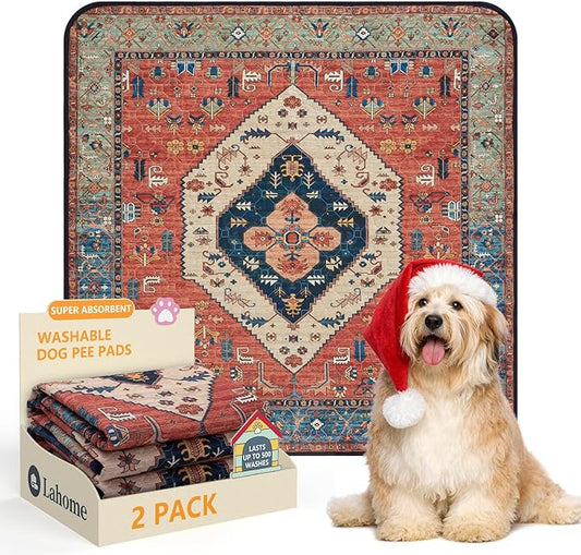 Lahome Super Absorbent & Leakproof Washable Dog Pee Pads - 2 Pack Value Set - Waterproof, Non-Slip Reusable Pads for Puppy Training, Crates & Whelping (24"x24", Red)
