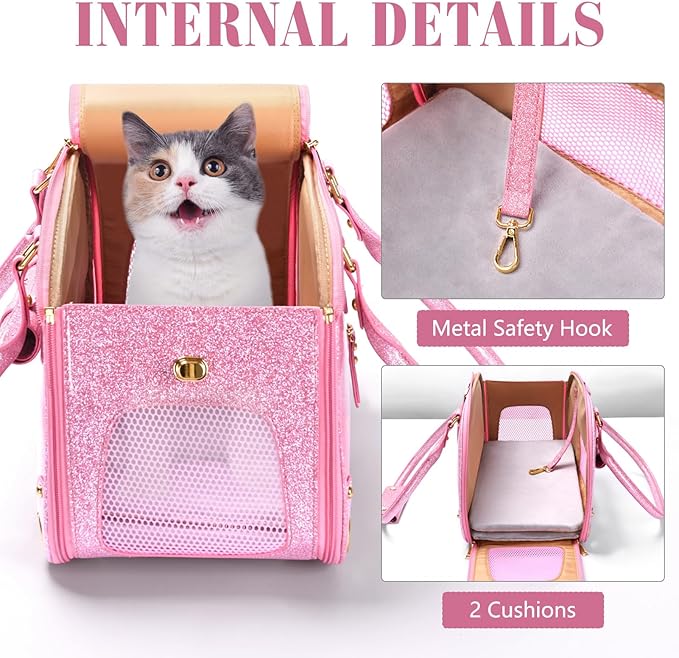 PetsHome Dog Carrier Purse, Pet Carrier, Cat Carrier, Bling Waterproof Premium Leather Pet Travel Portable Bag Carrier for Cat and Small Dog Home & Outdoor Small Bling Pink