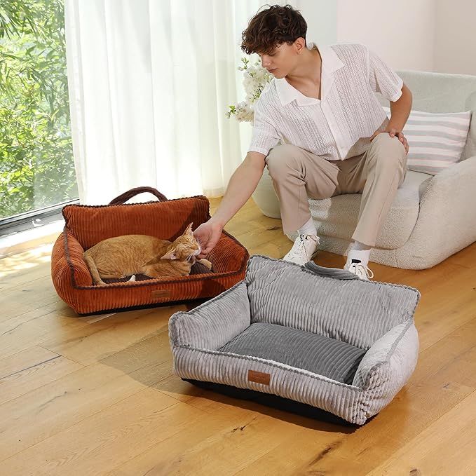 FUKUMARU Dog Couch Bed, Fluffy Corduroy Cat Beds for Indoor Cats with Washable Cover, Waterproof Small Dog Sofa Beds with Portable Handle and Anti-Slip Bottom, Pet Beds & Furniture 28inch, Grey