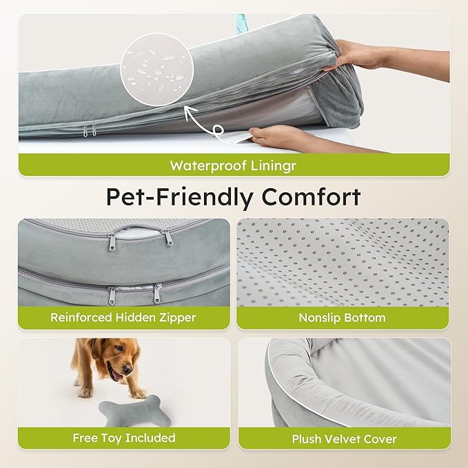 Jumbo Orthopedic Dog Bed, Big Dog Bed for Extra Large Sized Dogs with Full-Surround Bolsters, Dual-Sided Dog Cooling Bed with Memory Foam, Washable Pet Sofa Couch with Nonslip Bottom, Light Grey